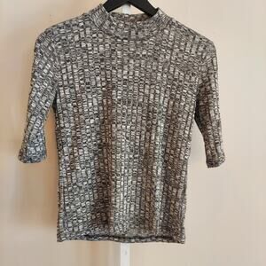 Polly Ester Mock Neck Ribbed Top Large Gray Grunge Y2K Elbow Sleeve Stretchy